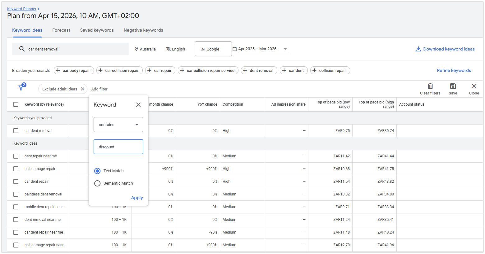 Filter for keywords in Google Keyword Planner